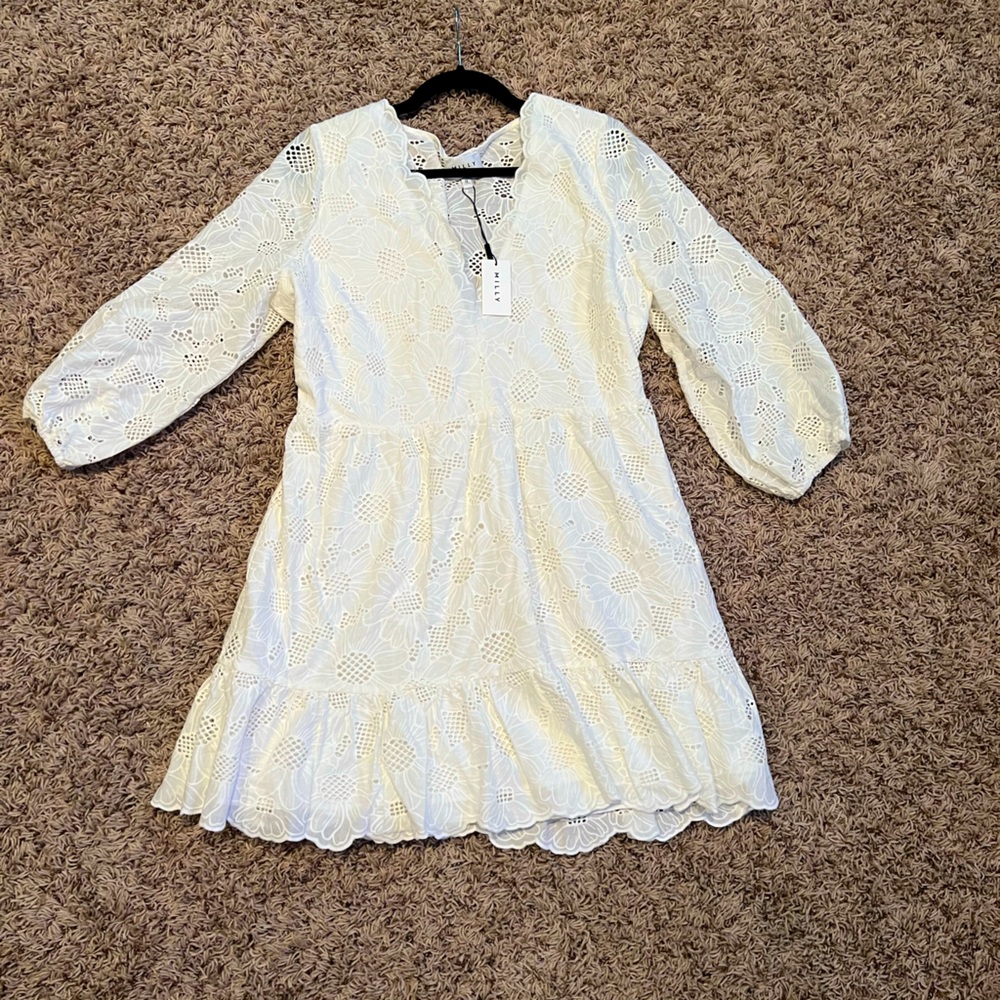 New with tags! White lace Milly dress size 12 v neck long sleeve floral lace
